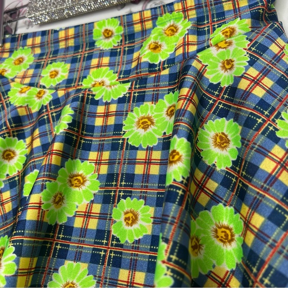 Mini skirt skort cottagecore lime green daisys and plaid picnic pattern blue y2k - Picture 2 of 8